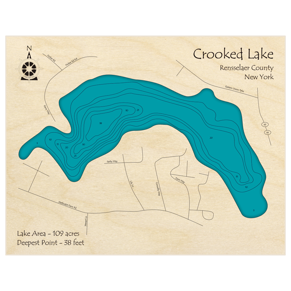 Bathymetric topo map of Crooked Lake with roads, towns and depths noted in blue water