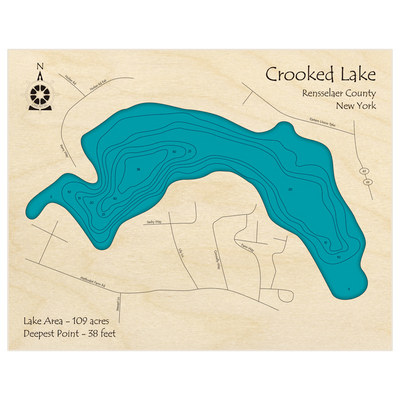 Bathymetric topo map of Crooked Lake with roads, towns and depths noted in blue water