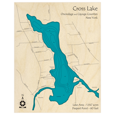 Bathymetric topo map of Cross Lake with roads, towns and depths noted in blue water