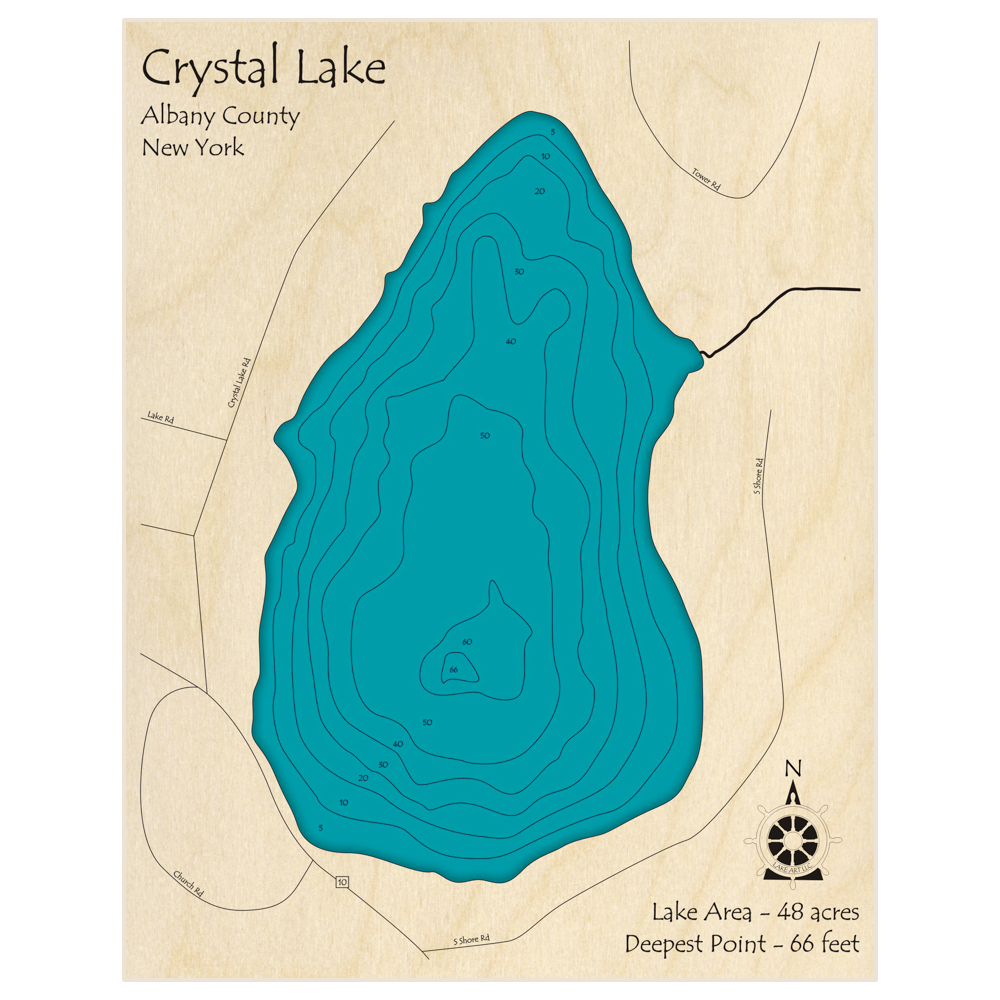 Bathymetric topo map of Crystal Lake with roads, towns and depths noted in blue water