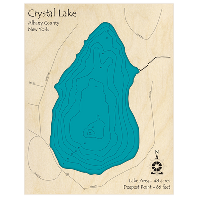 Bathymetric topo map of Crystal Lake with roads, towns and depths noted in blue water