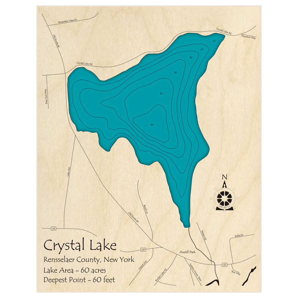 Bathymetric topo map of Crystal Lake with roads, towns and depths noted in blue water