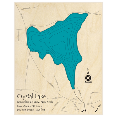 Bathymetric topo map of Crystal Lake with roads, towns and depths noted in blue water