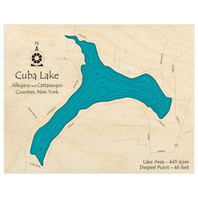 Bathymetric topo map of Cuba Lake with roads, towns and depths noted in blue water