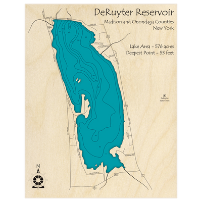 Bathymetric topo map of DeRuyter Reservoir with roads, towns and depths noted in blue water