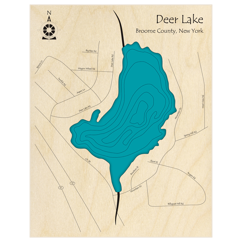 Bathymetric topo map of Deer Lake  with roads, towns and depths noted in blue water