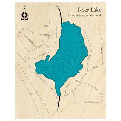 Bathymetric topo map of Deer Lake  with roads, towns and depths noted in blue water