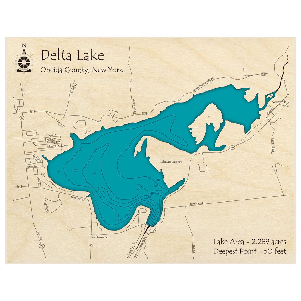 Bathymetric topo map of Delta Lake with roads, towns and depths noted in blue water