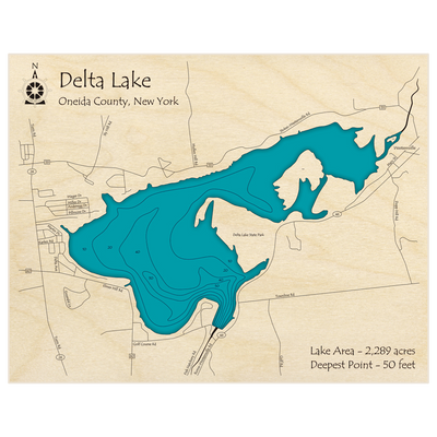 Bathymetric topo map of Delta Lake with roads, towns and depths noted in blue water