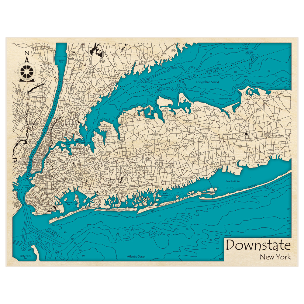 Bathymetric topo map of Downstate NY (Manhattan Bronx Brooklyn west half of Long Island) with roads, towns and depths noted in blue water