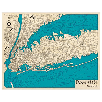 Bathymetric topo map of Downstate NY (Manhattan Bronx Brooklyn west half of Long Island) with roads, towns and depths noted in blue water