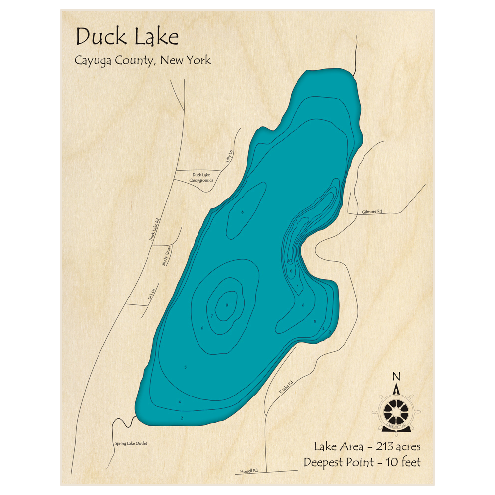 Bathymetric topo map of Duck Lake with roads, towns and depths noted in blue water