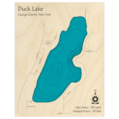 Bathymetric topo map of Duck Lake with roads, towns and depths noted in blue water