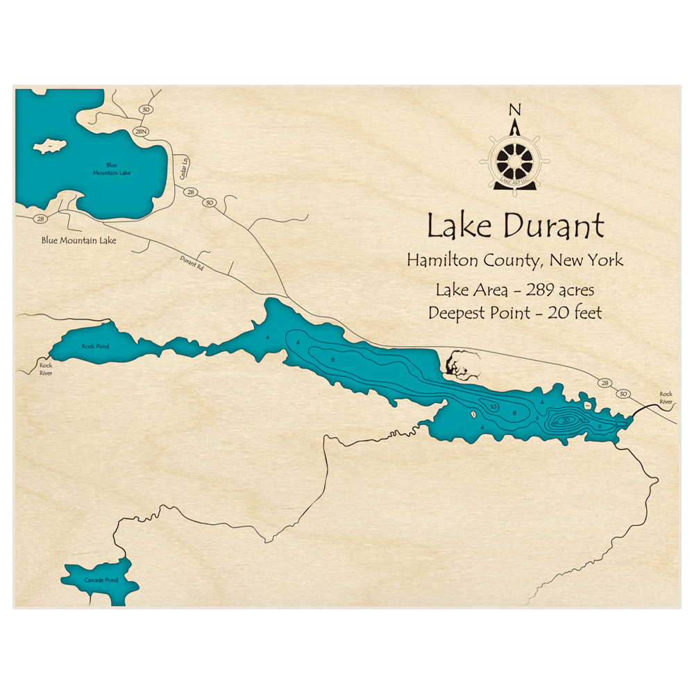 Bathymetric topo map of Lake Durant with roads, towns and depths noted in blue water