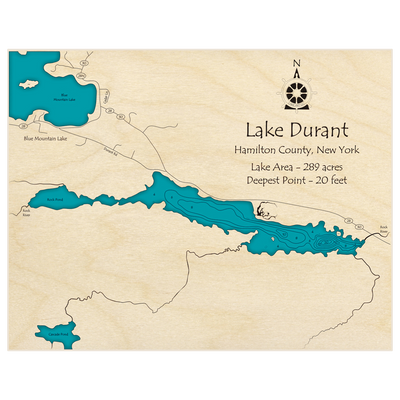 Bathymetric topo map of Lake Durant with roads, towns and depths noted in blue water