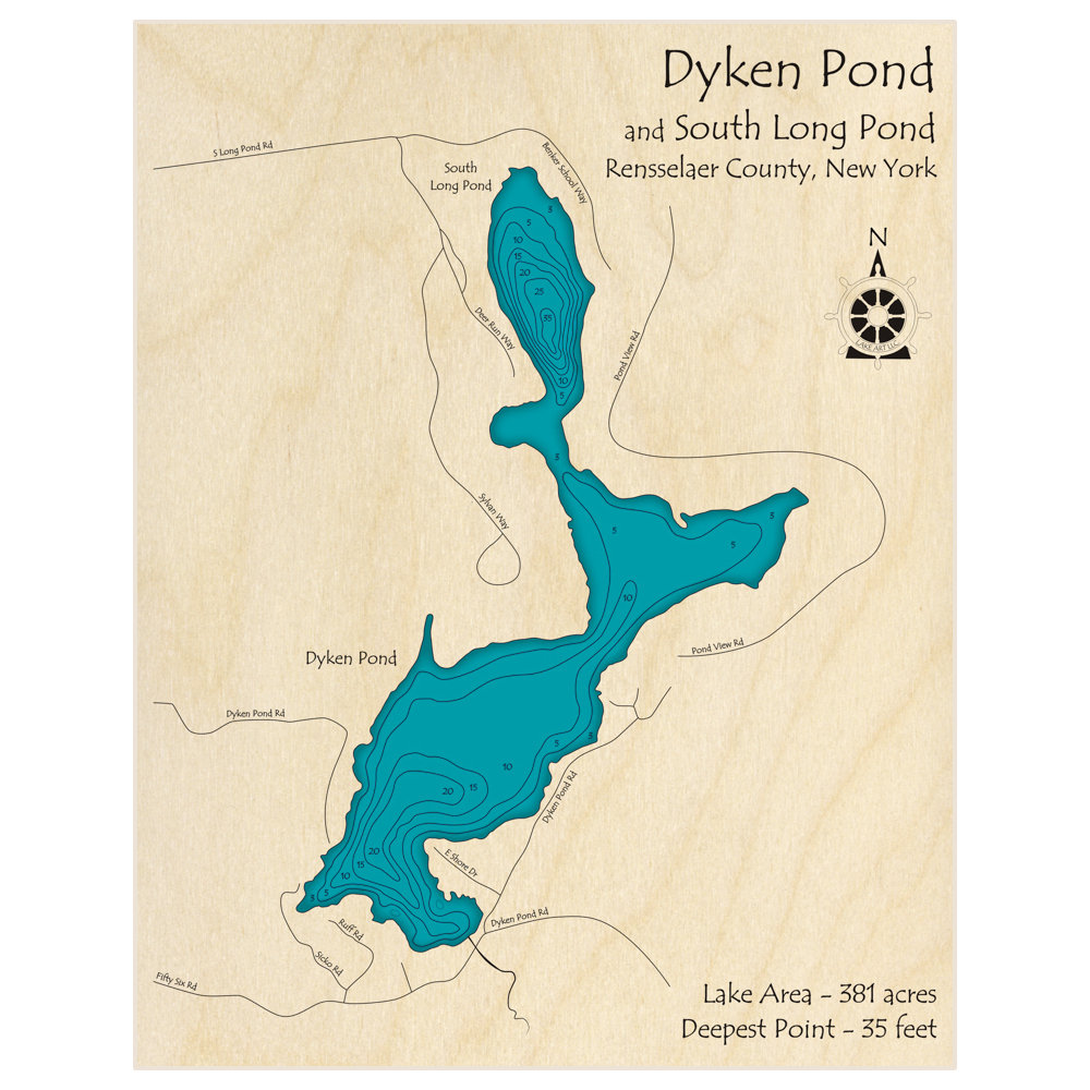 Bathymetric topo map of Dyken Pond (With South Long Pond) with roads, towns and depths noted in blue water