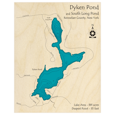 Bathymetric topo map of Dyken Pond (With South Long Pond) with roads, towns and depths noted in blue water