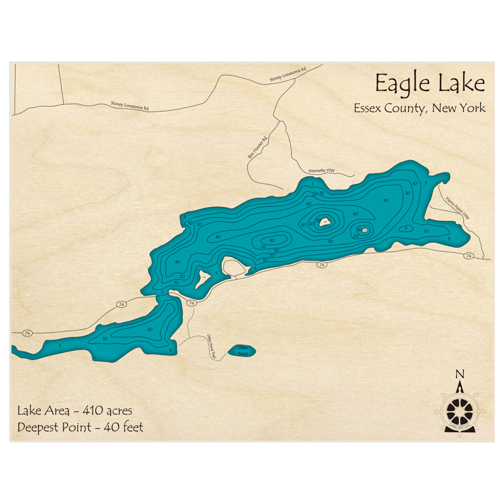 Bathymetric topo map of Eagle Lake with roads, towns and depths noted in blue water