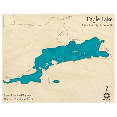 Bathymetric topo map of Eagle Lake with roads, towns and depths noted in blue water