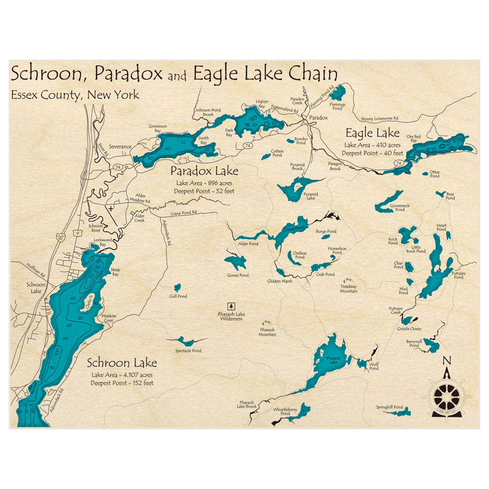 Bathymetric topo map of Schroon Lake with Paradox and Eagle Lakes with roads, towns and depths noted in blue water