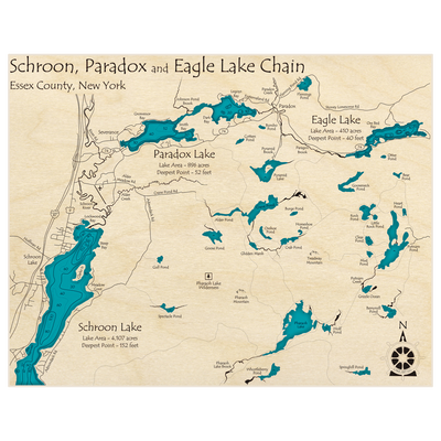 Bathymetric topo map of Schroon Lake with Paradox and Eagle Lakes with roads, towns and depths noted in blue water