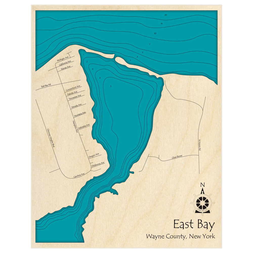 Bathymetric topo map of East Bay (Zoomed in (northern half) on Ontario shoreline) with roads, towns and depths noted in blue water