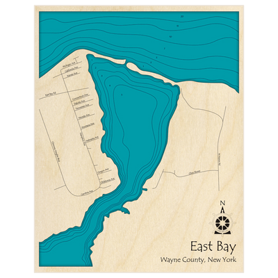 Bathymetric topo map of East Bay (Zoomed in (northern half) on Ontario shoreline) with roads, towns and depths noted in blue water