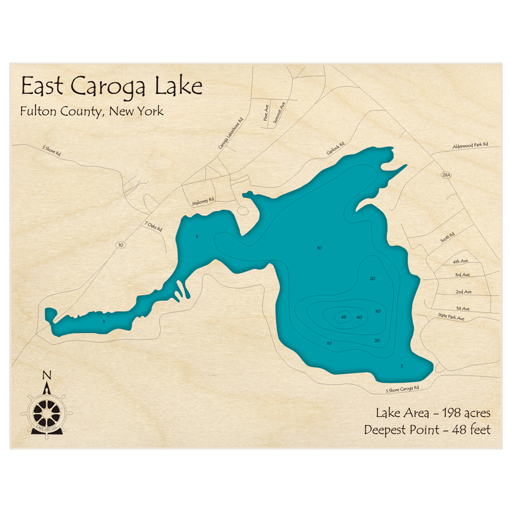 Bathymetric topo map of Caroga Lake (East) with roads, towns and depths noted in blue water