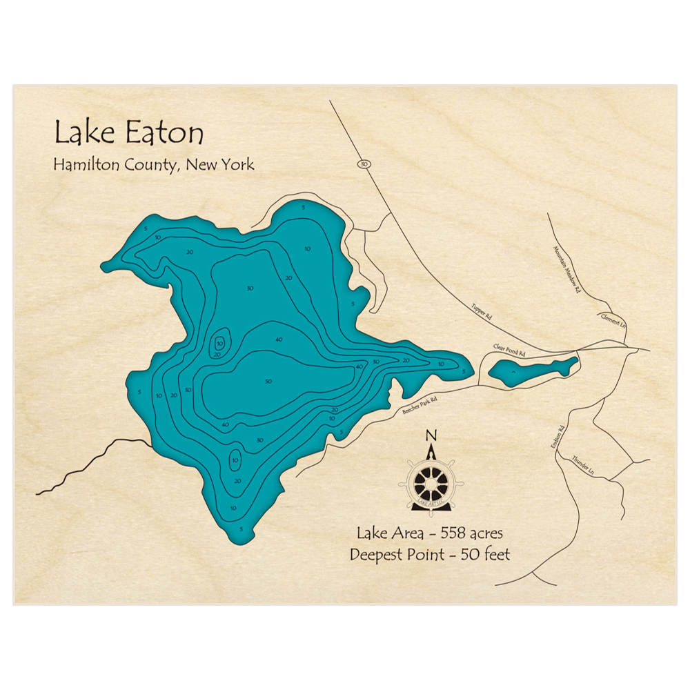 Bathymetric topo map of Lake Eaton with roads, towns and depths noted in blue water