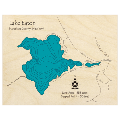 Bathymetric topo map of Lake Eaton with roads, towns and depths noted in blue water