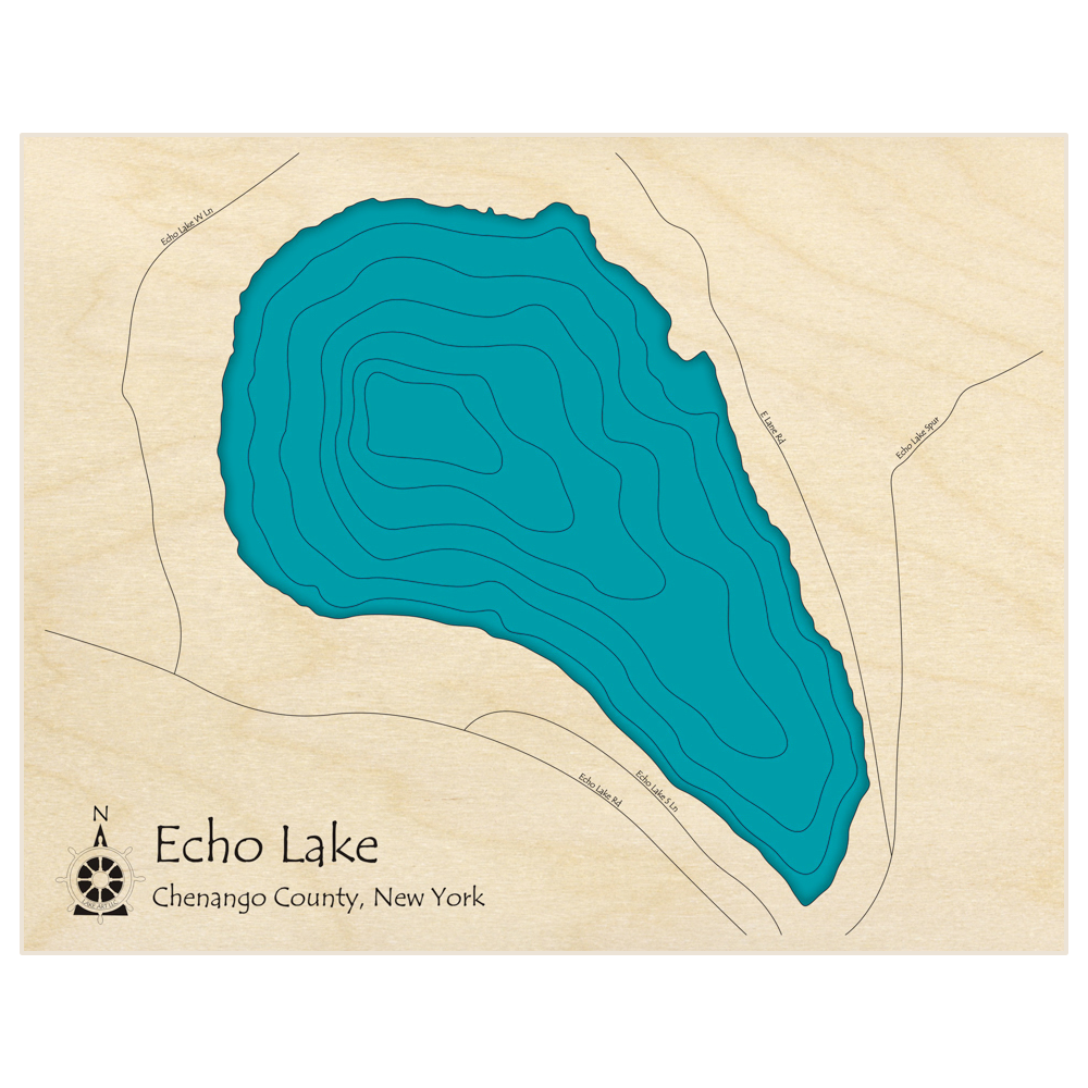 Bathymetric topo map of Echo Lake  with roads, towns and depths noted in blue water