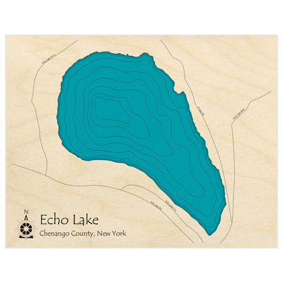 Bathymetric topo map of Echo Lake  with roads, towns and depths noted in blue water