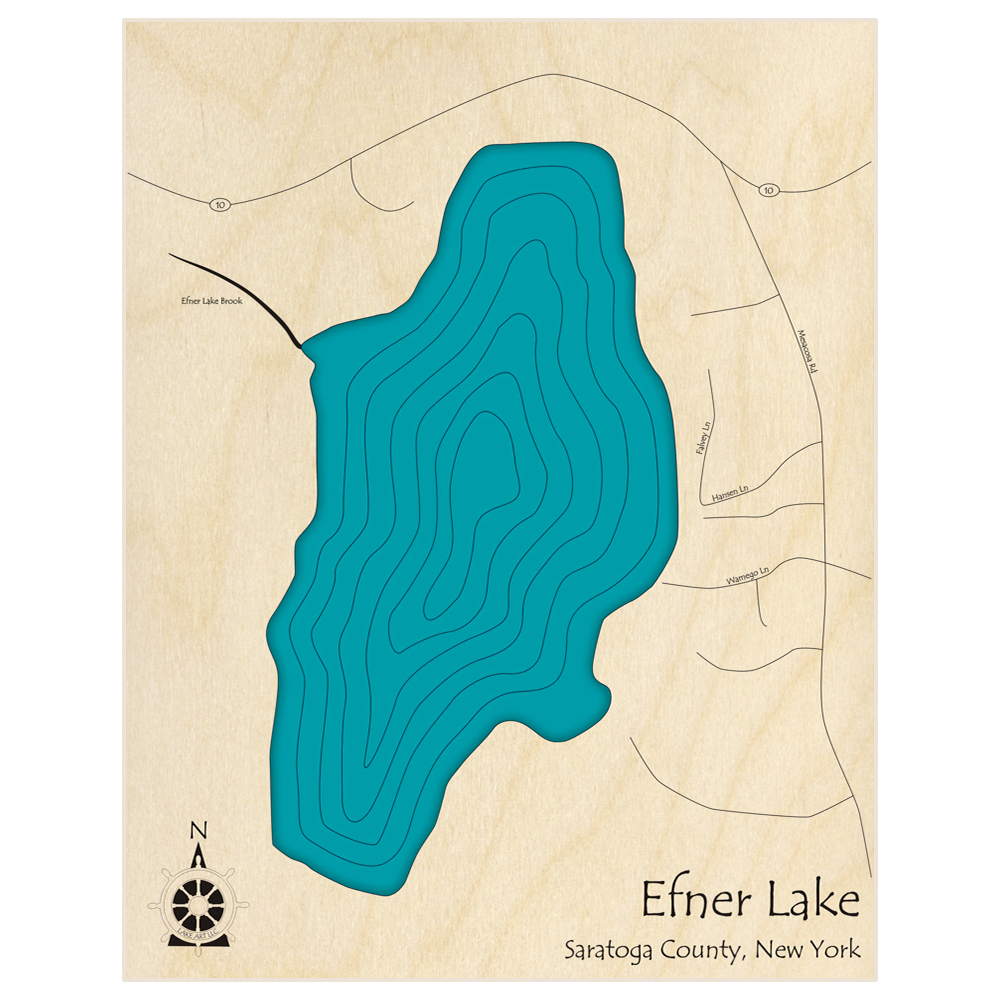 Bathymetric topo map of Efner Lake with roads, towns and depths noted in blue water