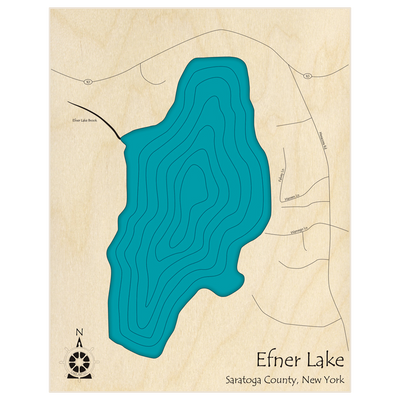 Bathymetric topo map of Efner Lake with roads, towns and depths noted in blue water