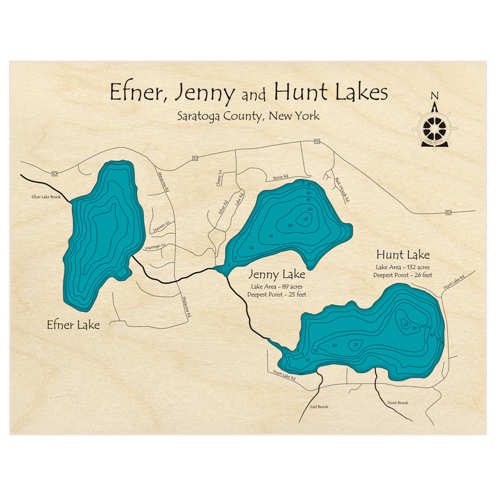 Bathymetric topo map of Efner Jenny and Hunt Lakes with roads, towns and depths noted in blue water