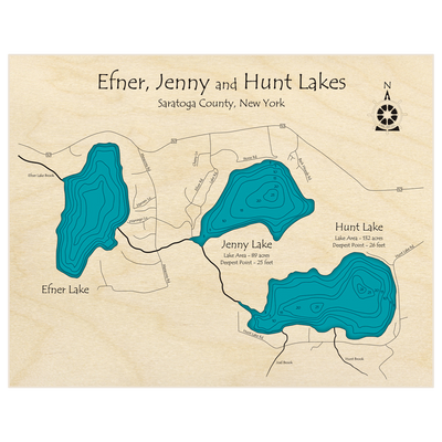 Bathymetric topo map of Efner Jenny and Hunt Lakes with roads, towns and depths noted in blue water