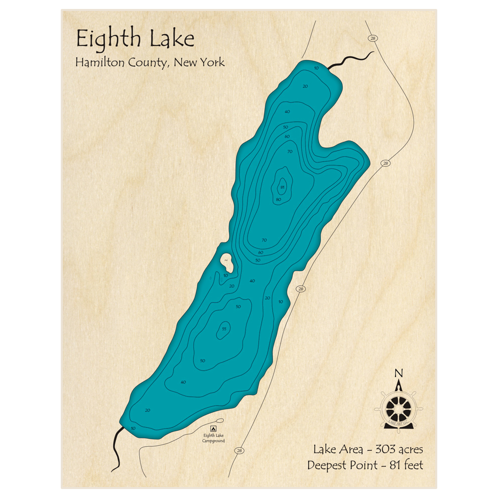 Bathymetric topo map of Eighth Lake with roads, towns and depths noted in blue water