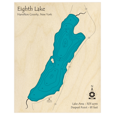 Bathymetric topo map of Eighth Lake with roads, towns and depths noted in blue water