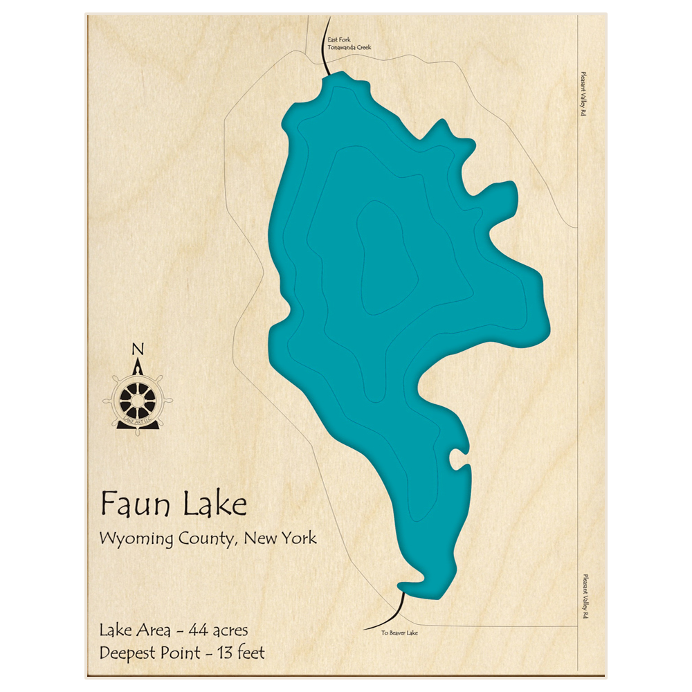 Bathymetric topo map of Faun Lake with roads, towns and depths noted in blue water