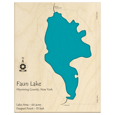 Bathymetric topo map of Faun Lake with roads, towns and depths noted in blue water