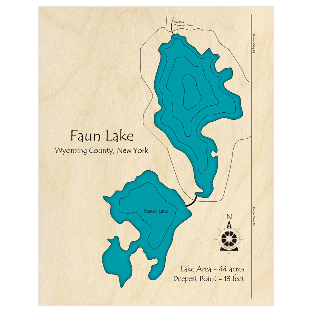 Bathymetric topo map of Faun Lake (w/ Beaver) with roads, towns and depths noted in blue water