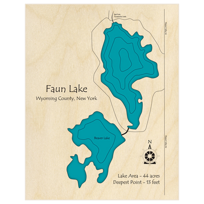 Bathymetric topo map of Faun Lake (w/ Beaver) with roads, towns and depths noted in blue water