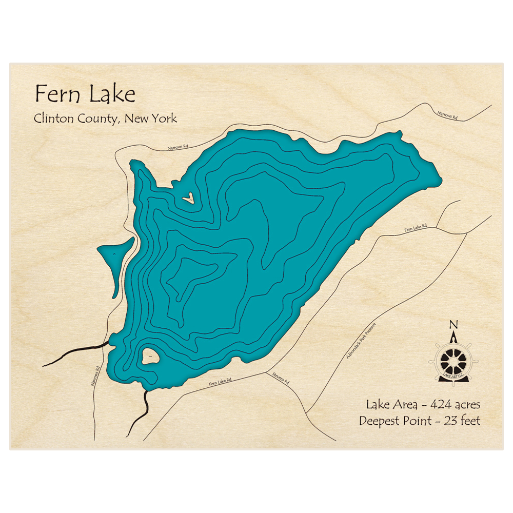 Bathymetric topo map of Fern Lake with roads, towns and depths noted in blue water