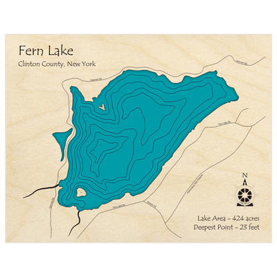 Bathymetric topo map of Fern Lake with roads, towns and depths noted in blue water