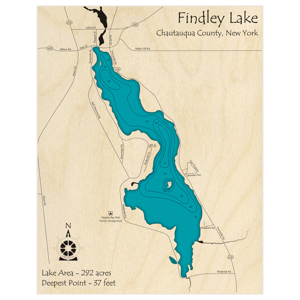 Bathymetric topo map of Findley Lake with roads, towns and depths noted in blue water