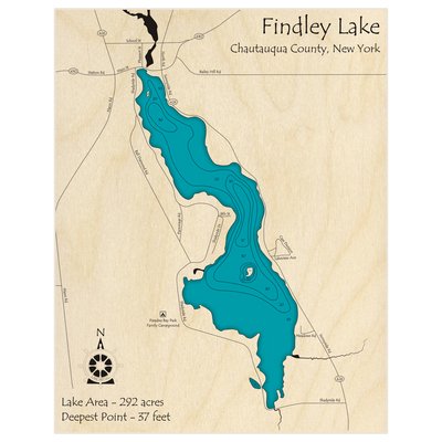 Bathymetric topo map of Findley Lake with roads, towns and depths noted in blue water