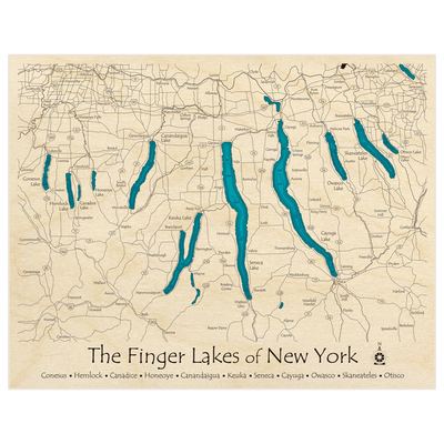 Bathymetric topo map of Finger Lakes of New York with roads, towns and depths noted in blue water