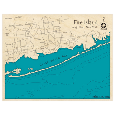 Bathymetric topo map of Fire Island - Long Island Sound with roads, towns and depths noted in blue water