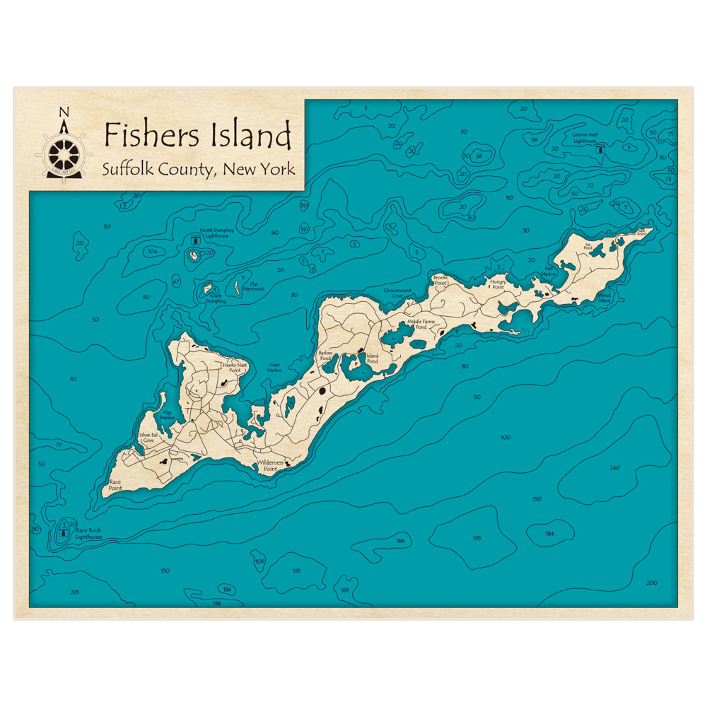 Bathymetric topo map of Fishers Island with roads, towns and depths noted in blue water