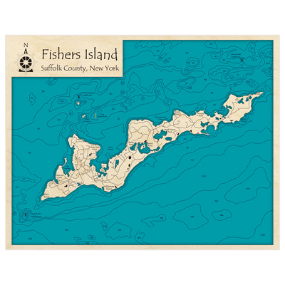 Bathymetric topo map of Fishers Island with roads, towns and depths noted in blue water